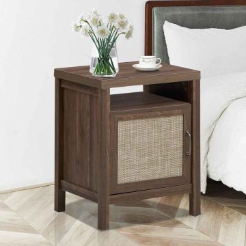 Bedside table, with rattan doors, 1 open and 2 closed shelves, Brown/beige, 49.3 × 62.2 × 44.5 cm