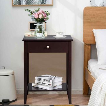 Bedside table, with drawer and open shelf, Brown, 46.99 × 35.56 × 62.23 cm