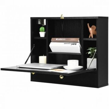 Laptop table, Foldable, with cabinet and drawer, Black, 85 × 60 × 50 cm