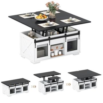 3-in-1 Lift-up Coffee Table with 3 Hidden Compartments, Black and White