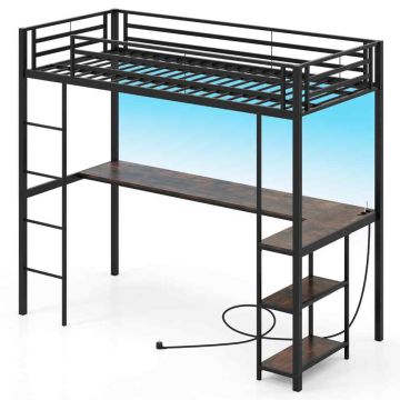 Loft bed, with LED lighting, table and shelves, 207.5 × 180 × 96 cm