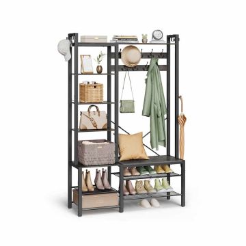 VASAGLE coat rack with shoe bench, 5 shelves, 15 hooks, Grey/black, 40 × 120 × 190 cm