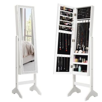 Jewelry Cabinet, 19 Hooks, 5 Rows and 3 Shelves, White, 2.5 × 33.5 × 152.9 cm