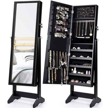 Jewelry cabinet with mirror, 108 earring slots, Black, 40.64 × 146.05 × 36.83 cm