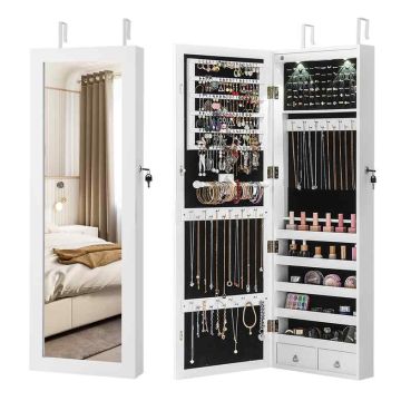 Jewelry cabinet, With mirror and 2 LED lights, White, 37 × 9.5 × 108 cm