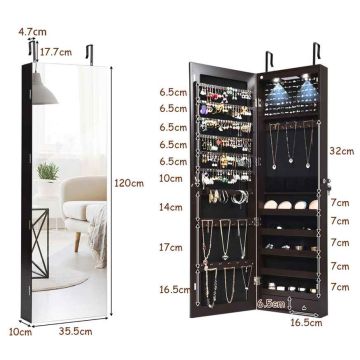 Jewelry cabinet, with mirror and LED lighting, 35.56 × 10.16 × 138.43 cm