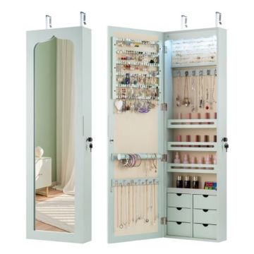 Jewelry cabinet, with mirror, LED and 6 drawers, Green, 36.5 × 11.5 × 120 cm
