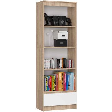 Напольный стеллаж CLP R60, 4 полки, 1 ящик, дубового/белого цвета, 60 × 180 × 35 см
