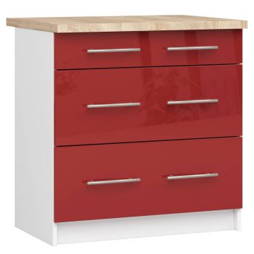 Напольный кухонный шкаф OLIWIA S80, 3 ящика, белый/красный, 80 × 85 × 46 см