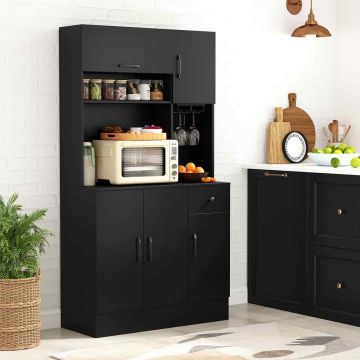 Freestanding kitchen cabinet, With drawer and charging station, Black, 90 × 167 × 39 cm