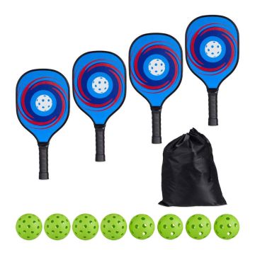 Pickleball rakešu komplekts Relaxdays, 4 raketes un 8 bumbiņas, 19,5 × 39 × 3,5 cm