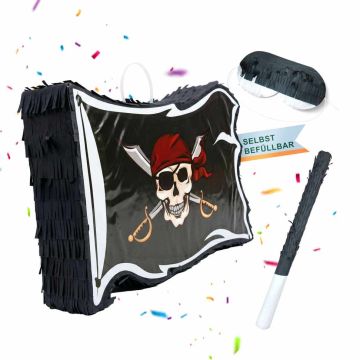 Pirātu karoga formas piñata Relaxdays, ar kociņu un acu masku, 40 × 35 × 8 cm