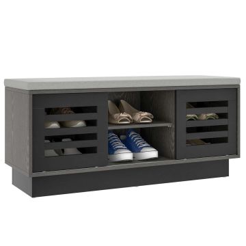 Hallway bench, 3 adjustable shelves, 2 sliding doors, Grey, 99.06 × 45.72 × 34.29 cm
