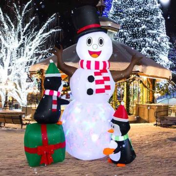 Inflatable Christmas decoration, Snowman with 2 penguins and gift box, 120 × 90 × 180 cm
