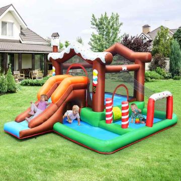 Inflatable trampoline with slide and climbing wall, 480 W, bright