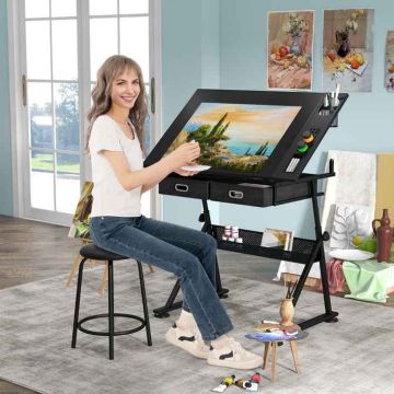 Adjustable drafting table, with stool and 2 drawers, 119 × 60 × 73–98 cm
