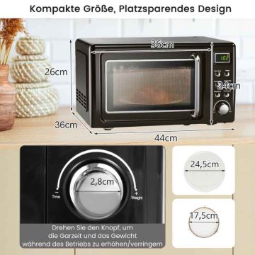 Retro microwave oven, 20 l, 5 levels, 8 modes, Black, 44 × 26 × 36 cm