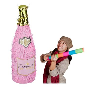 Šampanieša pudeles piñata Relaxdays, 1 gab, Rozā/zelta, 13,5 × 51 cm