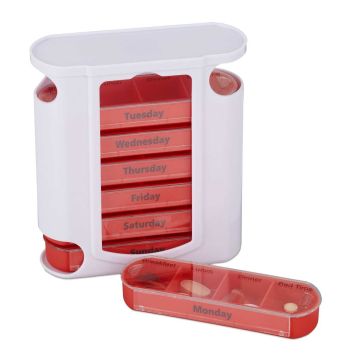 Nedēļas tablešu organizators Relaxdays, 7 kastītes, 4 nodalījumi, Balta/sarkana/daudzkrāsaina, 13 × 11,5 × 4,5 cm