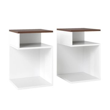 S-shaped side table, 31x31 cm, 2 open compartments, walnut color