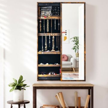 Wall-mounted jewelry cabinet with mirror, 22 hooks, 60 ring slots, 36.83 × 8.89 × 119.38 cm
