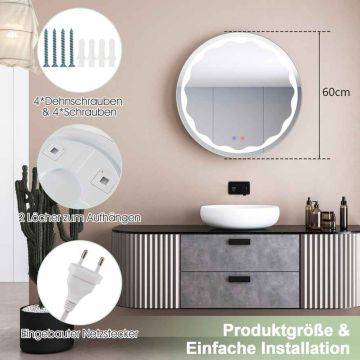 Настенное LED-зеркало, круглое, серебристое, Ø 60 × 3 см