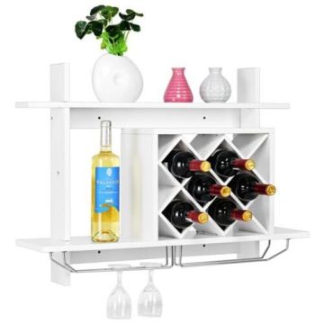 Wall-mounted wine rack for 6 bottles with shelf, white