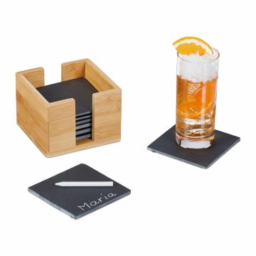 Сланцевые подставки Relaxdays, 8 шт. с бамбуковым контейнером, 10 × 10 × 0,7 см