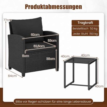 Garden furniture set, 3 pieces, 2 chairs, Black, 40 × 40 × 40 cm