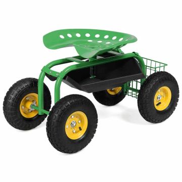 Garden trolley, with tool tray and adjustable seat, 81 × 44.5 × 45–54 cm