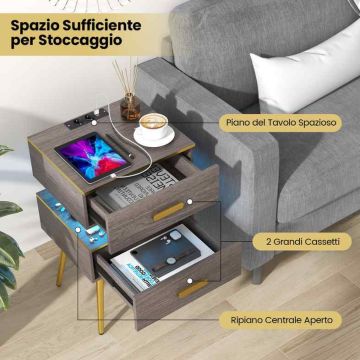 Šoninis staliukas su įkrovimo stotele ir LED apšvietimu, 44 x 38 x 72 cm, pilkas