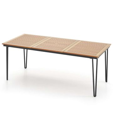 Rectangular dining table 200 x 90 cm, acacia wood, metal frame, 5 cm umbrella opening, capacity up to 8 people