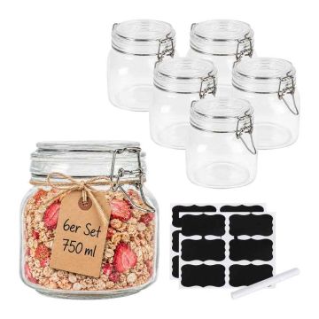 Burkas ar hermētiskiem vāciņiem Relaxdays, 6 gab., 750 ml, Ø 11,5 × 12,5 cm