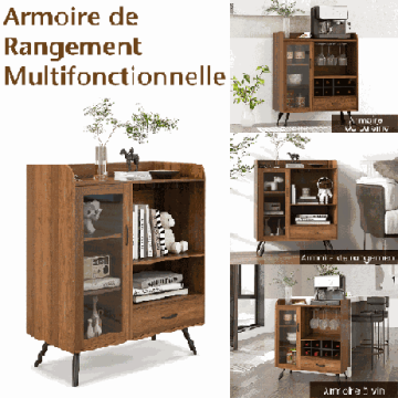 Glass door buffet with drawer, 3 shelves, natural wood, 80x40x95 cm