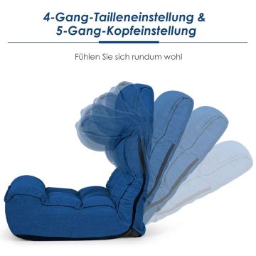 Folding reclining chair with 5-position headrest and side pocket, blue