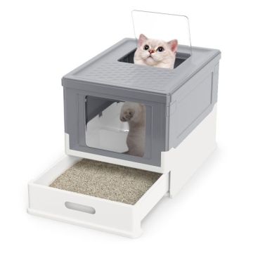 Foldable cat litter box with closed lid, gray