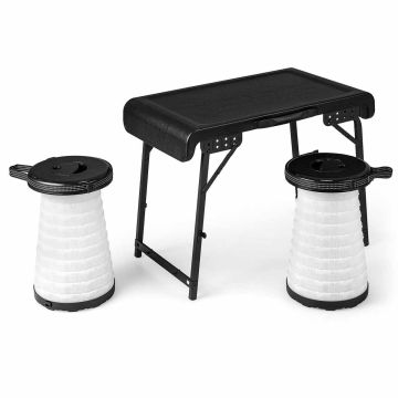 Folding Camping Table and LED Stool Set, 3 pcs., Black