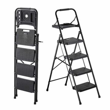 Складная стремянка VEVOR CQX904, 4 ступени, Чёрная, 46,5 × 91 × 145 см