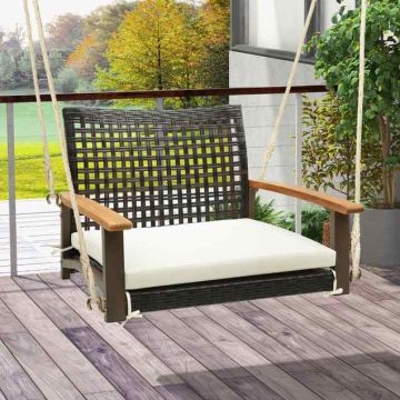 Swing with padded cushion and hanging ropes, acacia wood, white