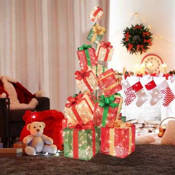 Luminous Christmas decoration - gift box tower, 15 boxes, 450 lights, red/blue/gold colors, 100 × 100 × 170 cm
