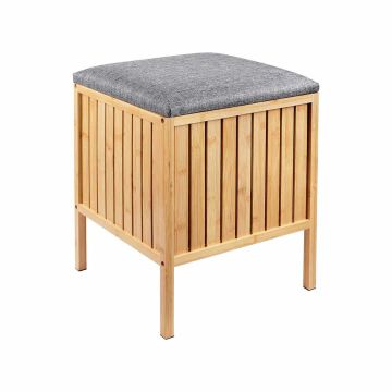 Табуретка с корзиной для белья Relaxdays 10052434_111, 52 л, серый/коричневый, 39 × 52 × 39 см