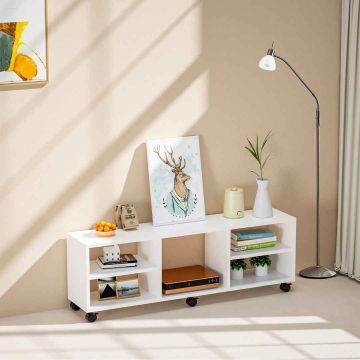 TV cabinet, 6 lockable casters, White, 140 × 47 × 40 cm