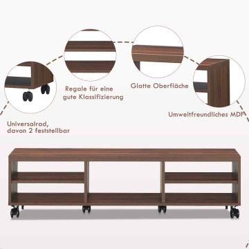 TV stand, 5 shelves, 6 casters, Brown, 149.86 × 33.02 × 40.64 cm