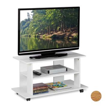 Тумба под телевизор Relaxdays, на колёсах с полками, Белая, 80 × 45 × 40 см