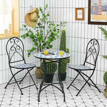 Three-piece mosaic bistro furniture set with round table and 2 folding chairs, black