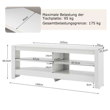 TV stand, corner, 4 open shelves, White, 140 × 40 × 49.5 cm