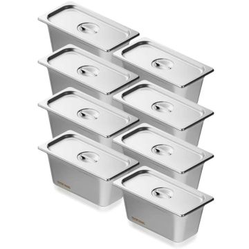 8 daļu komerciāls nerūsējošā tērauda tvaicēšanas pannu komplekts, 1/3 izmērs, 6 collu dziļums