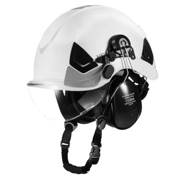 Industriāla ABS ķivere ar vizieri un ausu aizsargiem, 6 punktu piekare, ventilējama, būvniecībai
