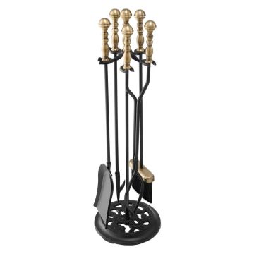 Kamīna instrumentu komplekts, 5 daļas ar turētāju, melns un misiņš