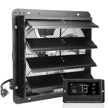 Slēģveida izplūdes ventilators, 406 mm, temperatūras un mitruma regulators, EC motors, stiprināms pie sienas, maināms ātrums, 1747 CFM, siltumnīcām un garāžām